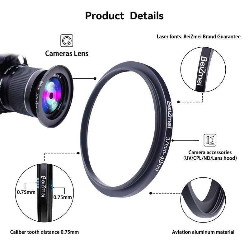 37mm to 49mm Rings Filter Adapter Compatible with All 37mm