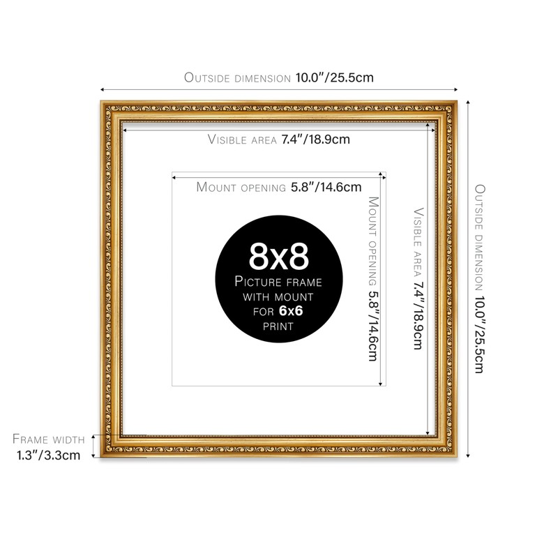 8x8 Gold Ornate Photo Frame With White Mat For 6x6