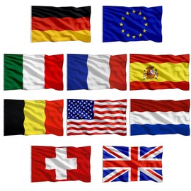 10 Stück Nationalflagge Set 150x90 cm – Flagge mit Metallösen – Fahne Deutschland EU Italien Spanien Frankreich USA UK Schweiz Belgien Niederlande für Hotels, Resorts & Outdoor
