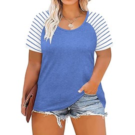 Womens Plus Size Tops Summer Casual T Shirts Loose Stripe Tunic Blouse Blue-22W