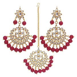 I Jewels Indian Bollywood Gold Plated Beaded Ethnic Stylish Party Wear Earring Set with Maang Tikka for Women (TE7058), Diamond Pearl, not-applicable