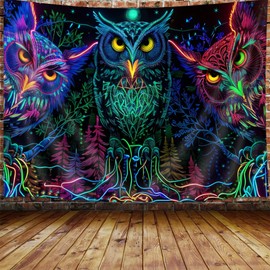 JAWO Psychedelic Owl Tapestry, Trippy Forest Line Art Tapestry Wall Hanging for Bedroom, Moon Animal Bird Blacklight Tapestry Home Decor 80X60 Inch
