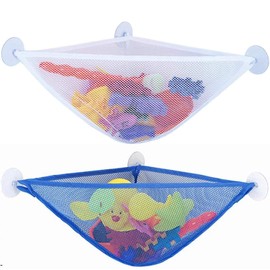 AUMA Bath Toy Organizer Mesh Storage Bag, 2 Pack Baby Shower Toys Bathtub Net Bag Kids Quick Dry Bathtub Mesh Net Bathtub Toy Holder , 6 Strong Suction Hooks, White+Blue