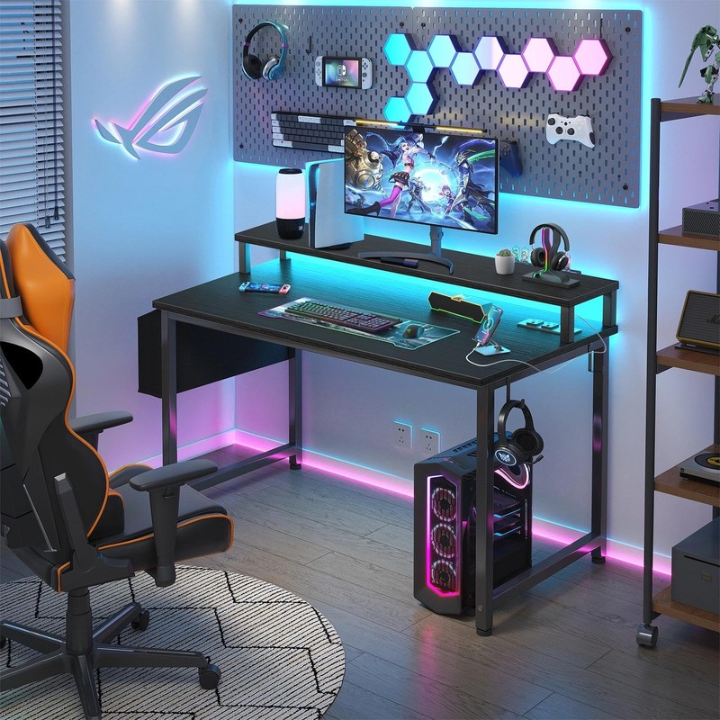 Lufeiya Small Desk with Power Outlets and LED Lights, 32