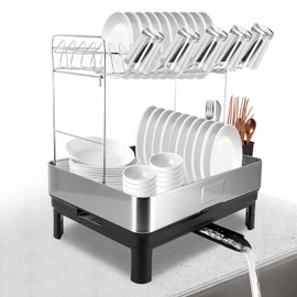 Gugxiom 2 Tier Dish Drying Rack, 304 Stainless Steel Dish Drainer for Kitchen Counter, Extra Large Dish Rack with 360° Rotatable Drain Spout & Cup Holder