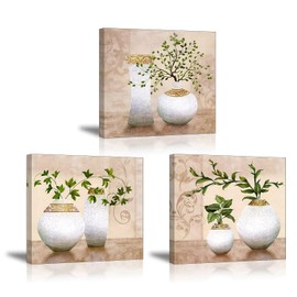 Piy Painting 3Pcs Elegant Green Plants in Vase Bottles Picture Painting Canvas Wall Art Waterproof Bracket Mounted in Real Wood Paintings Nice Gift for your Home Décor 12x12inch