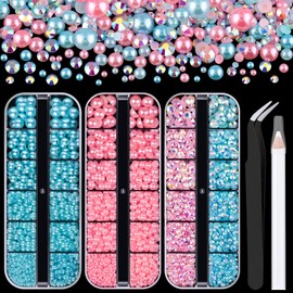 3 Boxes Flat Back Pearls&Rhinestone Kit 14 Flatback Pink&Light Blue Half Round Pearls+Resin Gems 2-8mm with Pickup Pencil and Tweezer for Home DIY and Professional Nail Art, Face Makeup and Craft