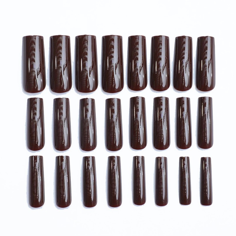 MERVF Long Square Press on Nails Brown Fake Nails Solid
