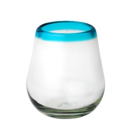 10 Strawberry Street Aqua Rim Stemless Wine Handblown Mexican Glass, Set of 6