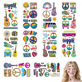 AzureRay 10 Sheets Temporary Tattoos for Adults and Children, Flower Power Hippie Accessories with PeaceVibe Motif, Colourful Love & Peace Symbols for Festival and Theme Party, Hippie Tattoo Set