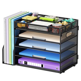 Marbrasse 5-Tier Desk Organizer with File Holder,Paper Letter Tray Organizer,Desktop File Organizer with Adjustable Compartments,Mesh Desk Organizers and Accessories for Office Supplies,Black