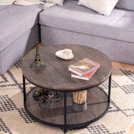 VVSHRIV Round Coffee Table, 30" Rustic Coffee Table,Cocktaile Table with 2-Tier Wooden Storage Shelf, Modern Living Room Furniture, Brown