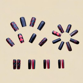 Valentines Press on Nails Medium Coffin Fake Nails with Pink Heart Love Stripe Design Black Glossy Acrylic Nails Full Cover Valentines False Nails Stick on Nails for Women DIY Nails Art 24 Pcs