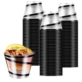 Dualshine 100 PCS Black Rimmed Swirl Plastic Cups, 9 oz Disposable Plastic Wine Glasses, Plastic Clear Plastic Cups, Heavy Duty Cocktail Glasses Cups for Party, Wedding, Birthday(100 Black)