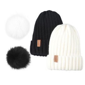 Pilipala Women Winter Knitted Beanie Hat with Fur Pom Bobble Hat Skull Beanie(White)