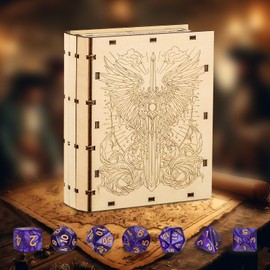 D&D Dice Bag with 7 Purple Gold Polyhedral Dice, DND Storage Box, Wooden Magic Book Cover Warrior Box, RPG Accessories for Game Nights, Dice Box, Tabletop Gaming Gifts for Players