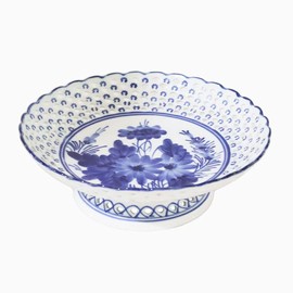 Aimusego Chinoiserie Blue and White Ceramic Fruit Bowl for Kitchen Counter, Hand Painted Decorative Pedestal Dessert Bowl for Table Countertop,Footed Serving Plate (Cosmos flower)