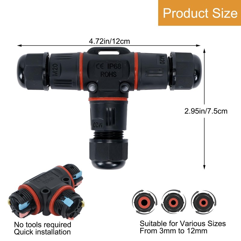 FOGAWA Pack of 2 Cable Connectors Waterproof IP68, T-Shape Junction