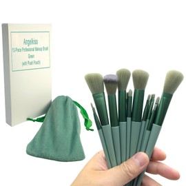 Angelkiss 13-Piece Professional Makeup Brush Kit – Foundation, Powder, Eyeshadow, Eyebrow Brushes with Soft Pouch (Green), Premium Cosmetic Brush Set.