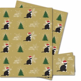 Gold Christmas Cats Wrapping Paper - 2 Sheets of Giftwrap and Tags - Recyclable & Eco Friendly