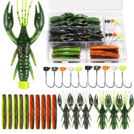 Dovesun 60pcs Ned Rig Bait Kit, Ned Worms | Crawfish Lures Mushroom Jig Heads for Bass Fishing Ned Rig Hooks with Soft Lures Kit