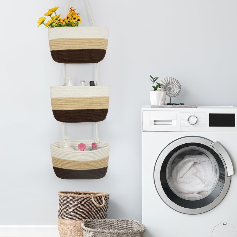 TeoKJ Over the Door Hanging Basket, 3-Tier Woven Cotton Wall-Mounted