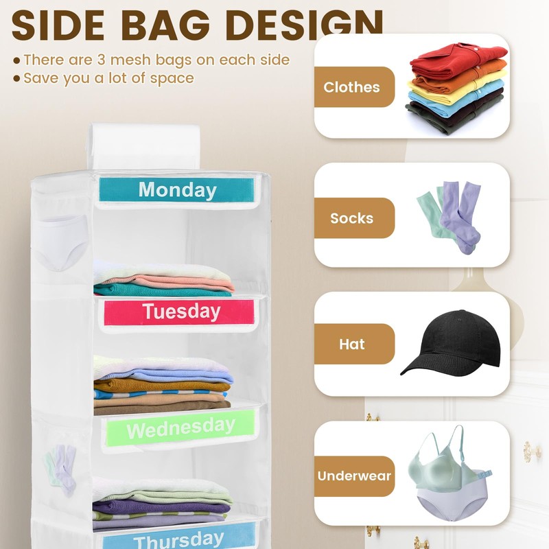 Weekly Clothes Organizer for Kids - 5 Shelf Hanging Closet