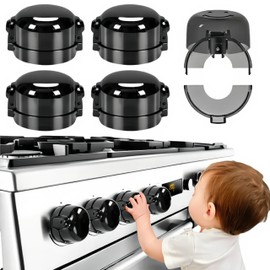 Stove Knob Safety Covers for Child (5 Pack, Black) - Universal Gas Stove Knob Locks, Heat-Resistant,Dual-Key Design,Easy Install with Strong Adhesive Tape,Fits Most Stove Knobs