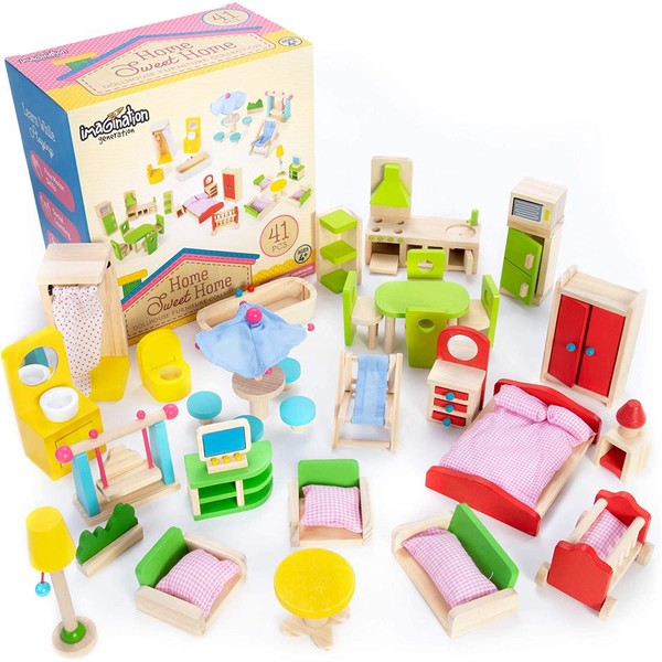 Imagination Generation The Fully Furnished Bundle: 5 Sets of Colorful Wooden Dollhouse Furniture (41 Pieces)