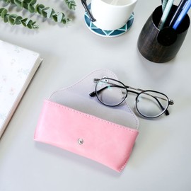 LogHog Portable Leather Soft & Semi Hard Sunglasses Case Eyeglass Case Storage Eye Glasses Brown/Black Pouch Carry Case for Women Men (Pink button)