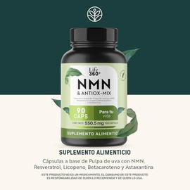NMN Blend Precursor de NAD. 90 Cápsulas. Alta Pureza. Resveratrol, Licopeno, Betacaroteno y Astaxantina, NMN & Antiox Mix LIFE360+