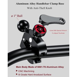 BRCOVAN Anti-Theft Aluminum Alloy Handlebar Clamp Mount Base with 1'' TPU Ball for Rails 0.5'' to 2'' in Diameter, Compatible with RAM Mounts B Size 1 Inch Ball Double Socket Arm