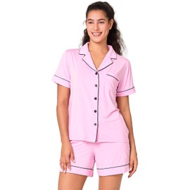 BAMBOO COOL Women's Pajama Sets Lounge Set Button Down Sleepwear with Shorts Sleeve Pj Set For Ladies B-pink
