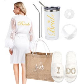 EPLAZA Bride Robe for Wedding Day Set with Slippers Tumbler Tote Bridal Robes Feather Lace Satin Robe for Bachelorette Party (White, XXL)