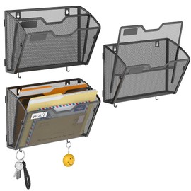 Docnest 2 Tier Mesh Wall File Holders with Hooks – 3 Pack Hanging Letter Holder - Document Organizer for Mail, Paper, Office, Home, School – Space-Saving Wall Mounted Folder Holder – Black