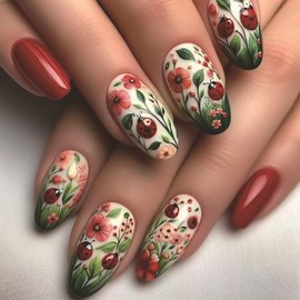 Almond Press on Nails Medium Length Fake Nails Flower Stick on Nails with Cute Ladybug Design Spring Acrylic Glue on Nails Red Green False Nails Reusable Full Cover Artificial Nails Kit for Women
