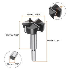 sourcing map Forstner Drill Bit 45mm (1-3/4") Tungsten Carbide 3 Flutes Boring Forstner Bit for Hinge Wood Hole Drilling Woodworking