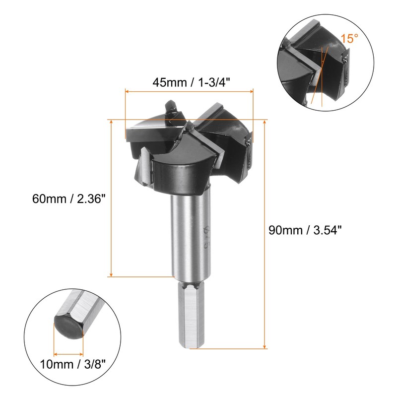 sourcing map Forstner Drill Bit 45mm (1-3/4") Tungsten Carbide 3