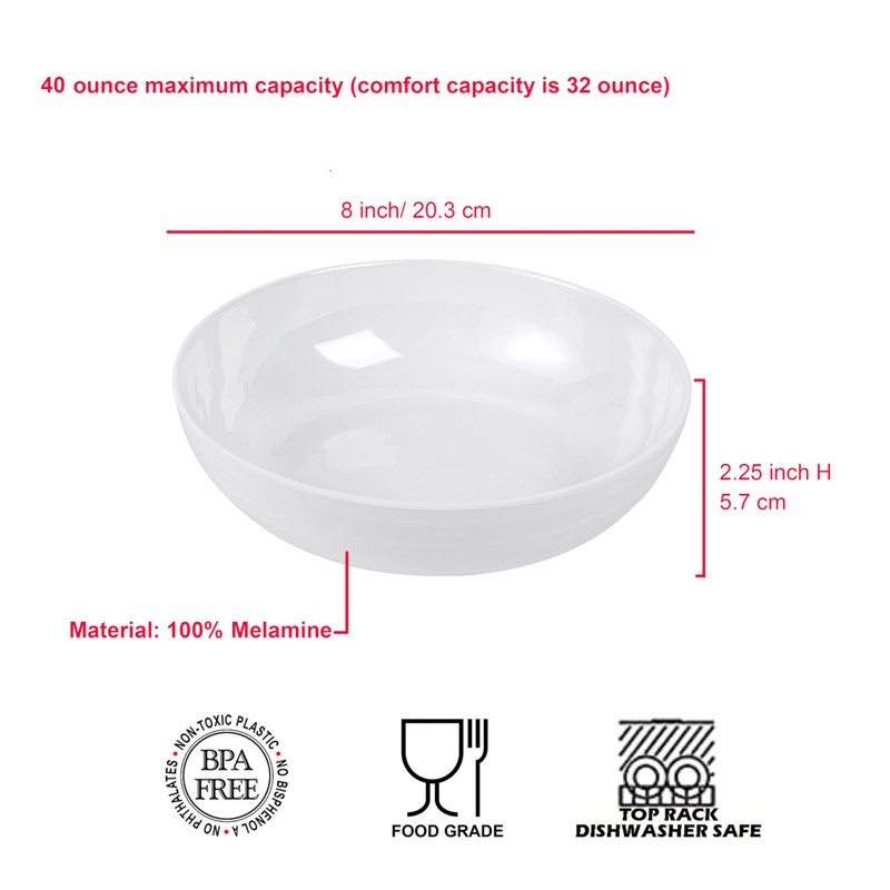 KX-WARE 8-inch Melamine Bowls, 40-ounce Salad/Pasta/Dinner Bowls, set of 6