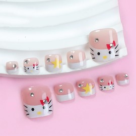 BABALAL Toe Nails Press on White French Tip Fake Toenails with Design Acrylic Toe Nails Cute Kitten False Toenails 24Pcs Thick Stick on Toenails for Women Girls Kids Diy Full Cover Toenails Tip Art