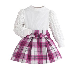 Zupora Baby Girl Clothes Bubble Long Sleeve Pullover Top Plaid Skirt Set 2Pcs Toddler Kids Fall Winter Outfits Dress 2-8 Years