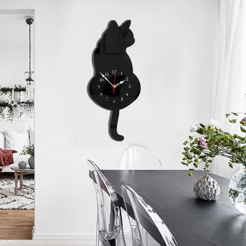 LOVIVER Wagging-Tail Cat Quartz Wall Clock for Decor, Black Cat