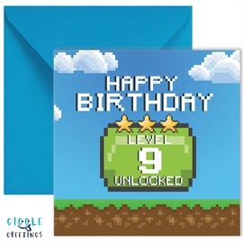 GIGGLE GREETINGS Birthday Card For 9 Year Old Gamer Boy Or Girl - Happy Birthday Level 9 Unlocked Video Gaming Birthday Card With Blue Envelope - Eco Friendly Card