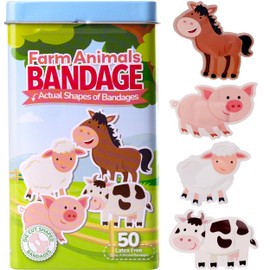 BioSwiss Bandages, Farm Animal Shaped Self Adhesive Bandage, Latex Free Sterile Wound Care, Fun First Aid Kit Supplies for Kids, 50 Count