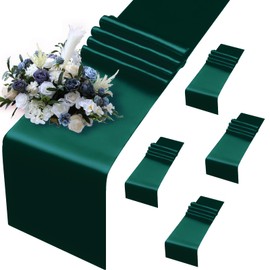 MILVOWOC 5 Pack Forest Green Satin Table Runners, 12 x 108 Inch Bright Satin Silk Table Runner Smooth Fabric Decorative Table Runner for Wedding Banquet Party Birthday Graduation