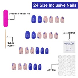 Short Almond Press on Nails SWEKKE Cobalt Blue Fake Nails False Nails with Designs Flower Full Cover Glossy Glossy Glue on Nails Stick on Nails Acrylic Nails for Women Girls 24 Pcs