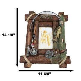 Ebros Gift Rustic Western Fishing Angler Fisherman Hobby Reeling Rod With Sea Bass Catch Net Tackle Box Hat Faux Wood 4X6 Photo Picture Frame With Easel Back Or Wall Hanger Cabin Lodge Country Accent