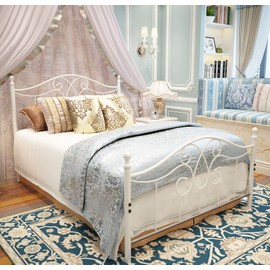 YALAXON Vintage Sturdy Metal Bed Frame with Headboard and Footboard Basic Bed Frame No Box Spring (Full, Grayish White)