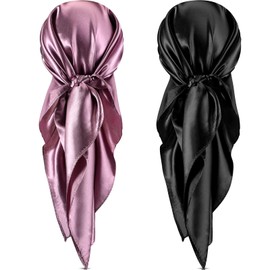 SATINIOR 35 Inch Silky Head Scarf 2 Pcs Large Square Neck Scarf Sleeping Hair Wrapping Satin Scarf for Women(Black, Light Purple,Classic Style)