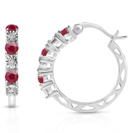 Real Diamond and Red Ruby Hoop Earrings for Women | 925 Sterling Silver Gemstone July Birthstone Earring | Hypoallergenic Real Diamond Hoop Earrings for Women by MAX + STONE
